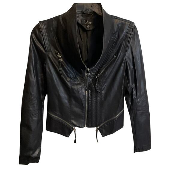 Faux Vegan Leather Jacket Black Moto Biker Goth Punk Rock Size S Lula's - Picture 3 of 15